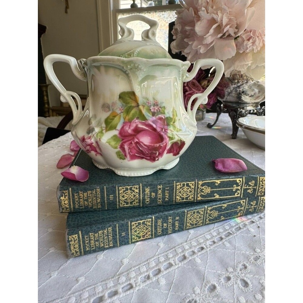 Antique Hand Painted Rose Porcelain Covered Sugar Bowl Art Nouveau Footed - Picture 10 of 16